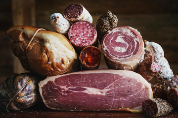 Closeup of charcuterie meat products food photography recipe idea - obrazy, fototapety, plakaty