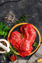 Raw meat, beef steak