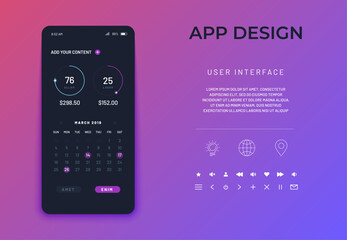 Mobile phone mock-up for app interface presentation on colorful abstract background. User interface with infographics with charts in flat design. Ui design calendar