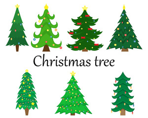 Set of 7 vector Christmas trees with decoration. Flat isolated illustration.