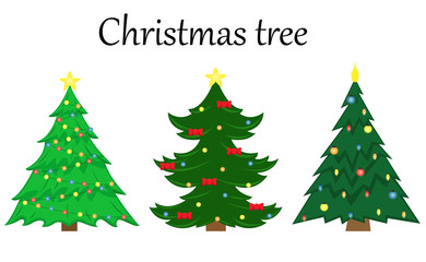 Set of 3 vector Christmas trees with decoration. Flat isolated illustration.