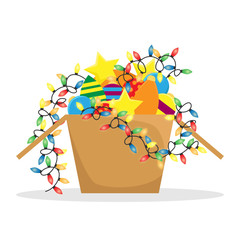 Cardboard box with Christmas decorations and glowing garland. Isolated flat illustration.