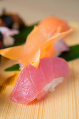 Otoro Sushi (Makuro) on wooden plate decoration