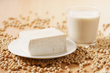 soy products with soybean, soymilk and tofu