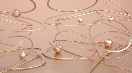 Abstract composition of gold objects: balls and rings on a gold background. Fantasy of luxury. 3D illustration