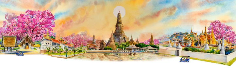 Panoramablick auf berühmte Sehenswürdigkeiten in Thailand. © Painterstock
