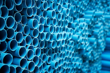 Blue PVC pipes stacked