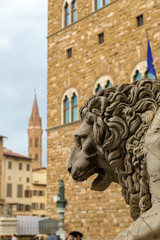 FLORENCE, ITALY - OCTOBER 28, 2018: The Medici lions are a pair of marble sculptures of lions, one...