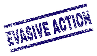 EVASIVE ACTION seal print with distress style. Blue vector rubber print of EVASIVE ACTION text with unclean texture. Text tag is placed between parallel lines.