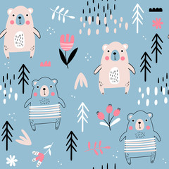 Doodle seamless background with bears