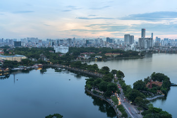 Fototapeta na wymiar Aerial view of Hanoi skyline at West Lake or Ho Tay. Hanoi cityscape at twilight