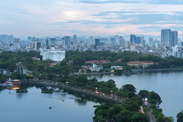 Aerial view of Hanoi skyline at West Lake or Ho Tay. Hanoi cityscape at twilight