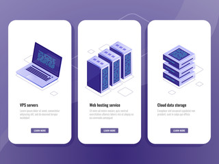 Web hosting service isometric icon, vps server room, data warehouse cloud storage, laptop with big data processing process on screen vector vertical