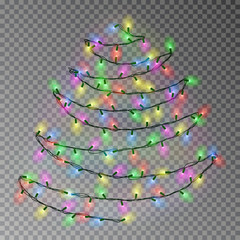 Christmas color tree of lights string hanging on wall. Transparent effect decoration isolated on dar - 232028405