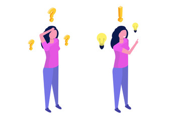 Problem solving concept. Isometric woman thinking with question mark and light bulb icons.