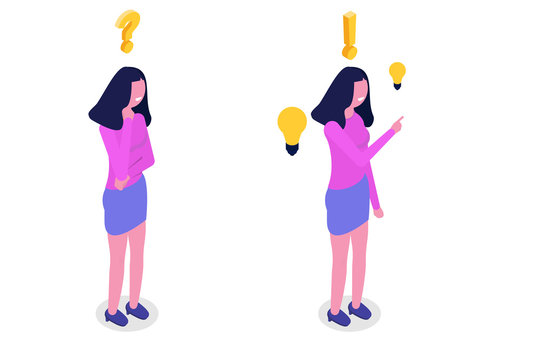 Problem solving concept. Isometric woman thinking with question mark and light bulb icons.