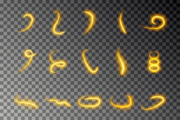 Light line effect collection, flow gold vector. Glowing light fire trace set. Glitter magic swirl tr
