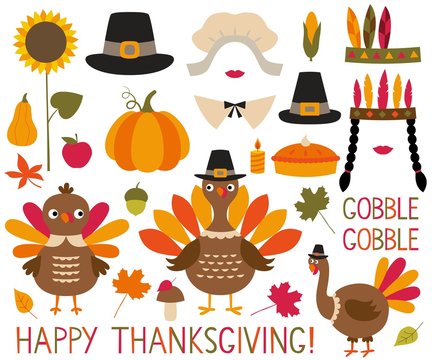 Thanksgiving and fall decoration set (turkeys, pumpkins, pilgrim hats)