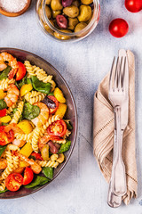 Fusili pasta salad with shrimps.