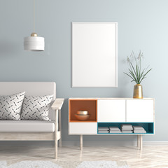 Mock up poster frame in Scandinavian style hipster interior. 3D illustration.