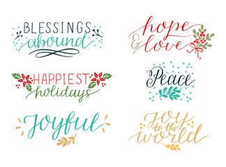 Collection with 6 colorful Holiday cards made hand lettering Blessings abound. Peace. Joy to the world. Joyful. Hope and love.