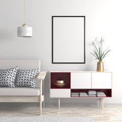 Mock up poster frame in Scandinavian style hipster interior. 3D illustration.