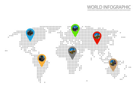 Vector infographic dotted world map with color pointers with blurred vectored photos