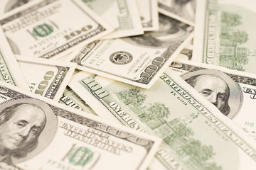 Dollars background, hundred USA dollar banknote bills, many American cash money.
