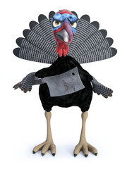 3D rendering of a silly angry toon turkey holding cleaver.