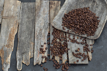 coffee beans on wooden planks