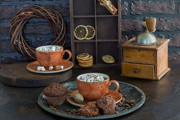 still life with muffins and hot chocolate