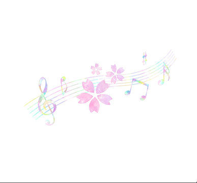 桜とカラフルな音符（水彩画タッチ）