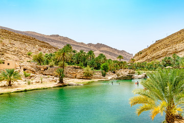 Wadi Bani Khalid in Oman. It is located about 203 km from Muscat and 120 km from Sur. - obrazy, fototapety, plakaty