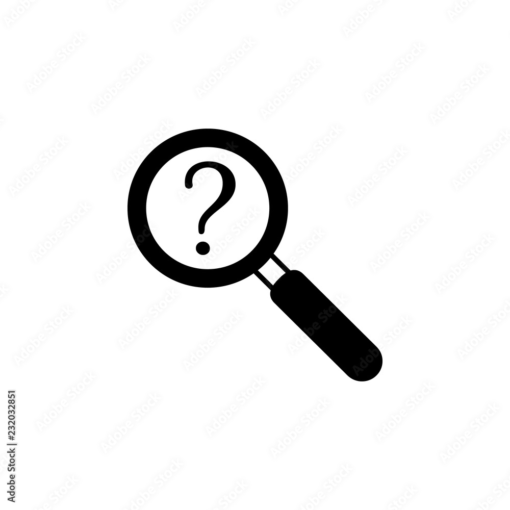 Poster question mark under the magnifying glass icon. element of problem solving. premium quality graphic d
