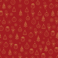 Hand drawn Merry Christmas and Happy New Year doodle gold and red  seamless pattern  with Christmas decorations