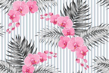Pink purple orchid phalaenopsis exotic bright flowers with tropical jungle palm tree leaves. Greyscale contrast background with vertical stripes. Seamless pattern texture for fashion, textile, fabric.