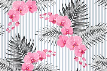 Papier Peint photo Lavable Orchidee Orchidée rose pourpre phalaenopsis fleurs exotiques lumineuses avec des feuilles de palmier de la jungle tropicale. Fond de contraste en niveaux de gris avec des rayures verticales. Texture transparente pour la mode, le textile, le tissu.