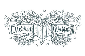 Merry Christmas - lettering Christmas holiday calligraphy phrase and gifts, balls, decor isolated on the background.