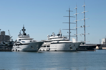 PORT TERRAGONA, SPAIN - OCTOBER 05, 2018: Super yachts Katara and Maltese Falcon moored at the port...