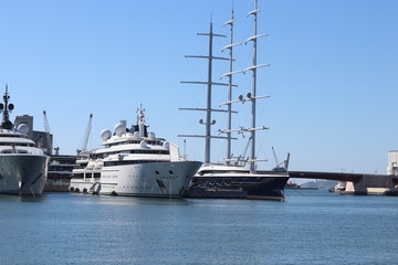 PORT TERRAGONA, SPAIN - OCTOBER 05, 2018: Super yachts Katara and Maltese Falcon moored at the port of Terragona