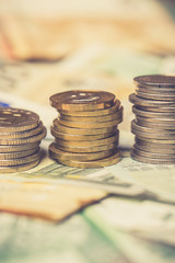 Polish and EURO currency banknotes and coins as a background