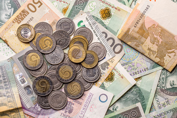 Polish and EURO currency banknotes and coins as a background