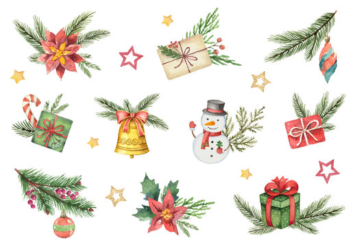 Watercolor vector set with Christmas elements isolated on white background.