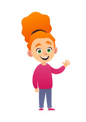 Cute little redhead girl standing and waving hand