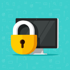 Computer security vector illustration isolated, flat cartoon design desktop pc protected with lock, concept of firewall protection, privacy access, private data, safety service or system