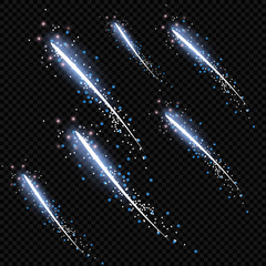 Comet flying on a transparent background. Vector illustration of abstract flare light rays. A set of stars, light and radiance, rays and brightness.