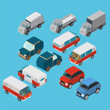 Set of isometric cars. Vehicle truck, van, SUV. A retro the family minivan for road trips and travel. A concept of icons for childish sports and toys. The car for a game. Vector.