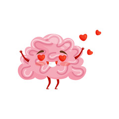 Enamored humanized brain with happy face, red hearts flying in the air. Cartoon character. Flat vector for print or postcard