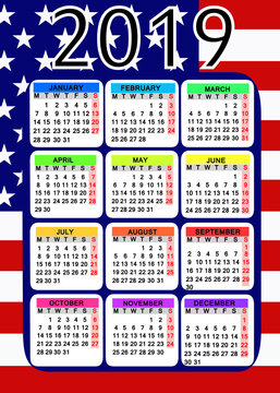 Calendar 2019 with flag of USA.