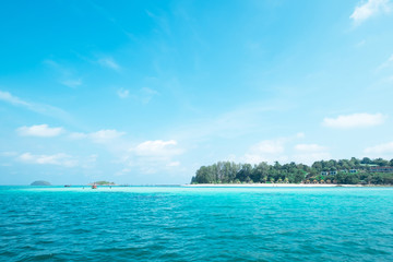 Beautiful white sandy beach in the summer time concept travel, holiday and vacation. Tropical paradise beach nature landscape at Lipe island in Thailand.